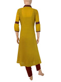 Mul Cotton Shawl Collar  A Line  kurta with Ajrakh Patches & Pleated Sleeves, Mustard, KP1096