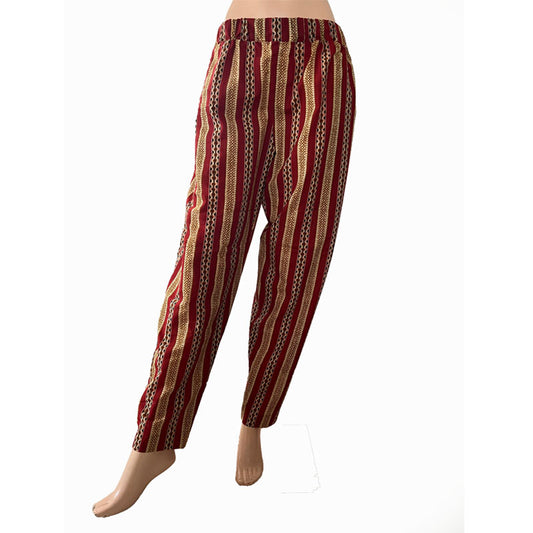 Block Printed Cotton Pants with Pockets, Fully Elasticated, Maroon, PN1101