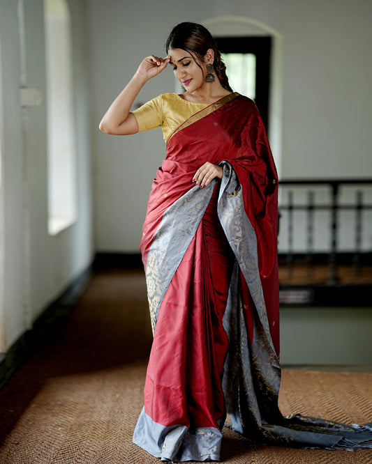 Pure Kanchipuram Soft Silk Saree with Zari Gold & Silver Border & Plain Grey Blouse Piece,   Maroon - Grey,   SK1001