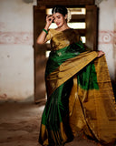 Pure Kanchipuram Soft Silk Saree with Broad Contrast Border, Pure Gold & Silver Zari Butta & Plain Mustard Blouse Piece,   Bottle Green - Golden Mustard,   SK1003