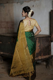 Pure Kanchipuram Soft Silk Saree with Broad Contrast Border, Pure Gold & Silver Zari Butta & Plain Mustard Blouse Piece,   Bottle Green - Golden Mustard,   SK1003