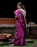 Pure Kanchipuram Soft Silk Saree with Pure Gold & Silver Zari Butta & Plain Running Blouse Piece,   Rani Pink,   SK1004