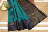 Pure Kanchipuram Soft Silk Saree with Pure Golden Butta, Contrast Border & Plain Grey Blouse Piece, Teal Green - Dark Grey,   SK1006