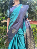 Pure Kanchipuram Soft Silk Saree with Pure Golden Butta, Contrast Border & Plain Grey Blouse Piece, Teal Green - Dark Grey,   SK1006