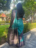 Pure Kanchipuram Soft Silk Saree with Pure Golden Butta, Contrast Border & Plain Grey Blouse Piece, Teal Green - Dark Grey,   SK1006