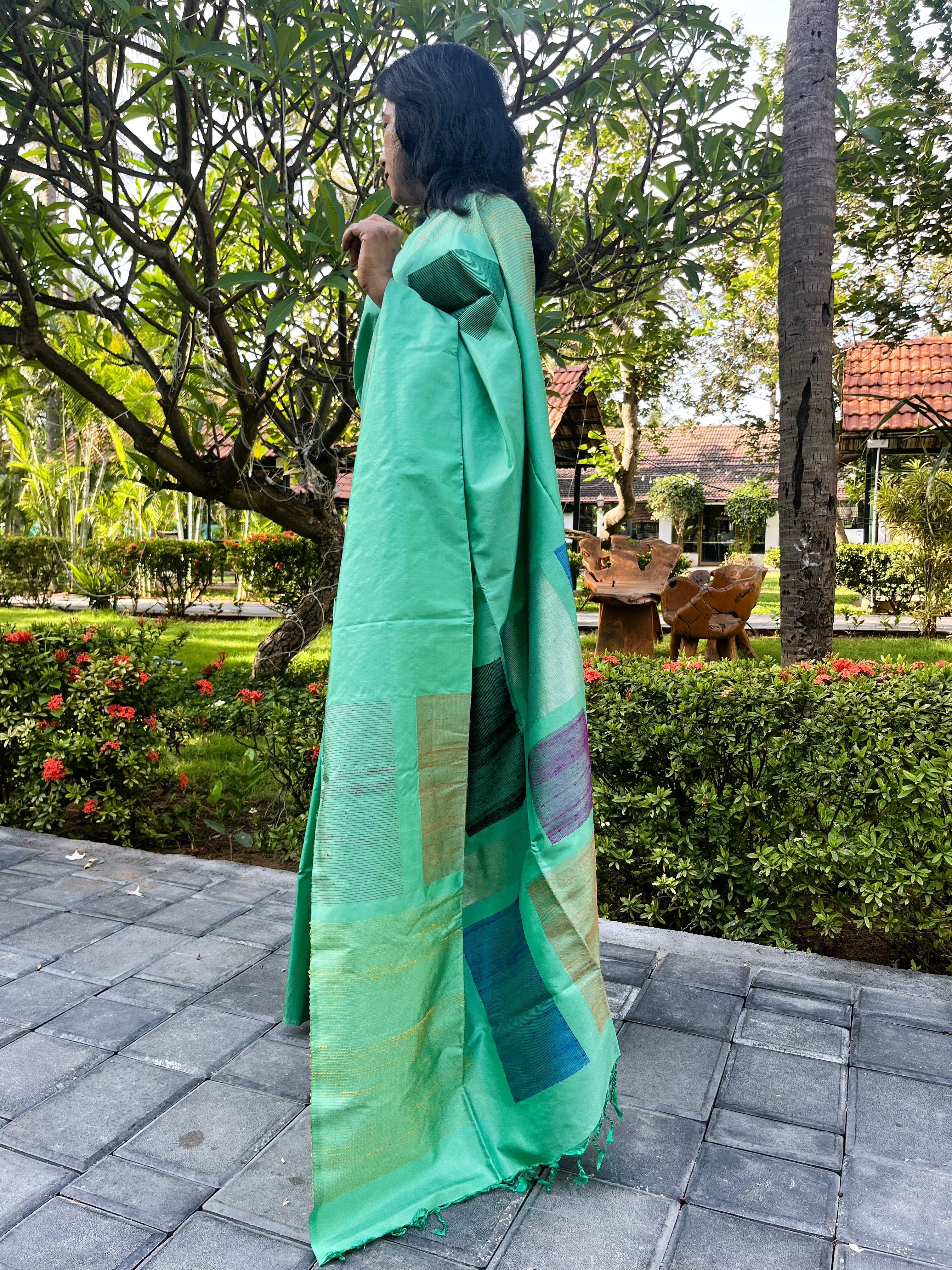 Pure Kanchipuram Soft Silk Saree with Dupion Thread Woven Border & Pallu, Temple Border & Plain Running Blouse Piece, Pista Green,   SK1007