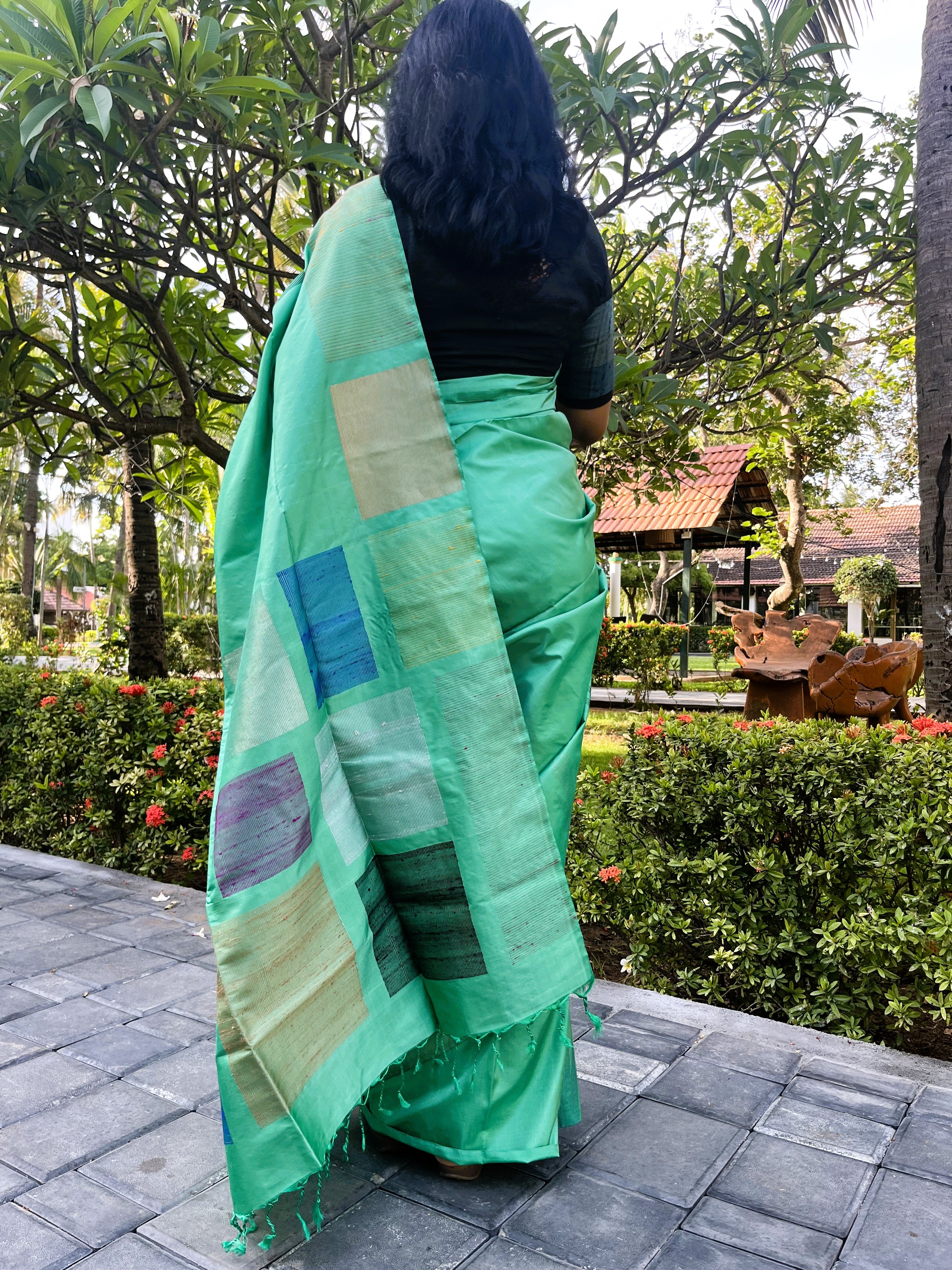 Pure Kanchipuram Soft Silk Saree with Dupion Thread Woven Border & Pallu, Temple Border & Plain Running Blouse Piece, Pista Green,   SK1007