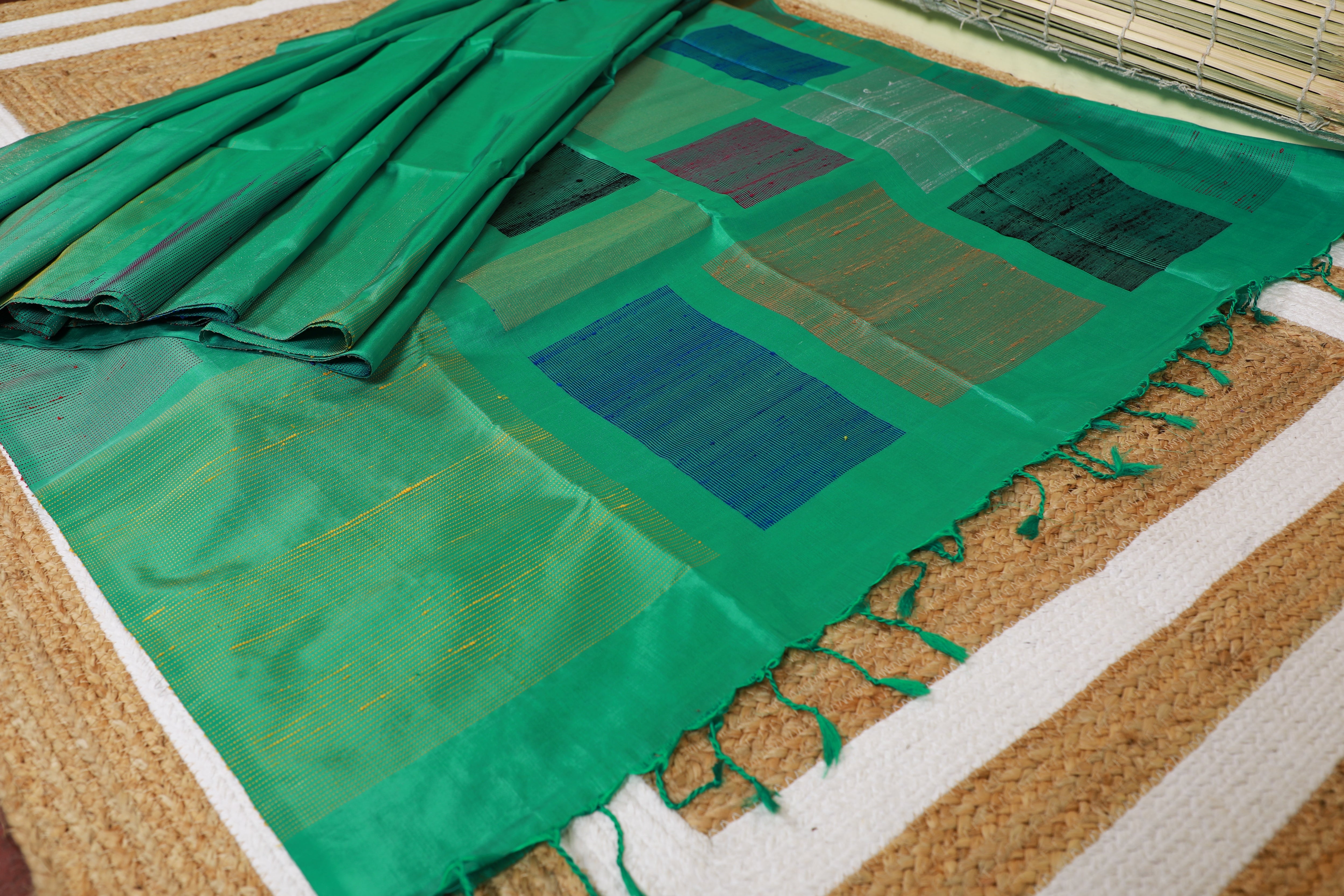 Pure Kanchipuram Soft Silk Saree with Dupion Thread Woven Border & Pallu, Temple Border & Plain Running Blouse Piece, Pista Green,   SK1007