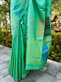 Pure Kanchipuram Soft Silk Saree with Dupion Thread Woven Border & Pallu, Temple Border & Plain Running Blouse Piece, Pista Green,   SK1007