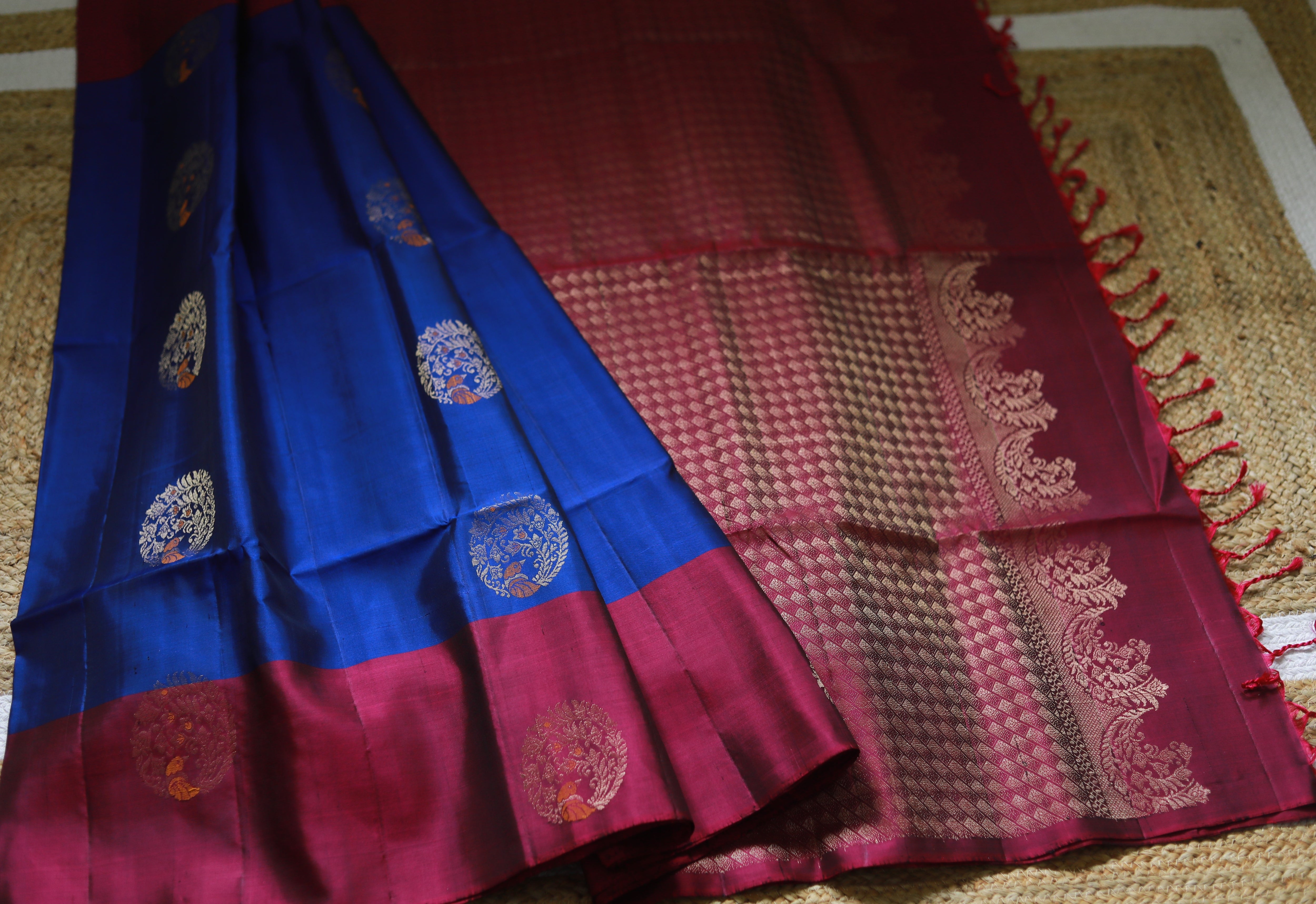 Pure Kanchipuram Soft Silk Saree with Minakari Woven Butta, Contrast Border, Heavy Zari Pallu & Plain Rani Pink Blouse Piece, Royal blue - Rani Pink,,   SK1008