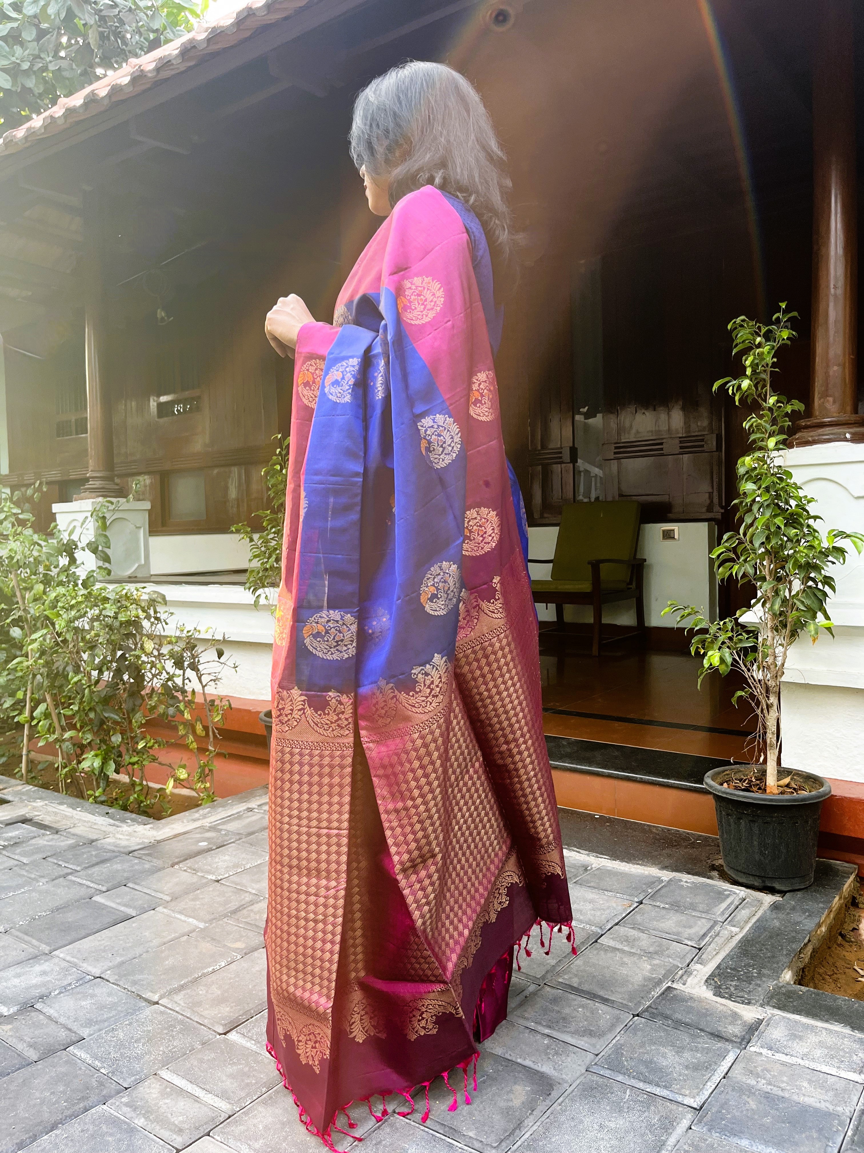 Pure Kanchipuram Soft Silk Saree with Minakari Woven Butta, Contrast Border, Heavy Zari Pallu & Plain Rani Pink Blouse Piece, Royal blue - Rani Pink,,   SK1008