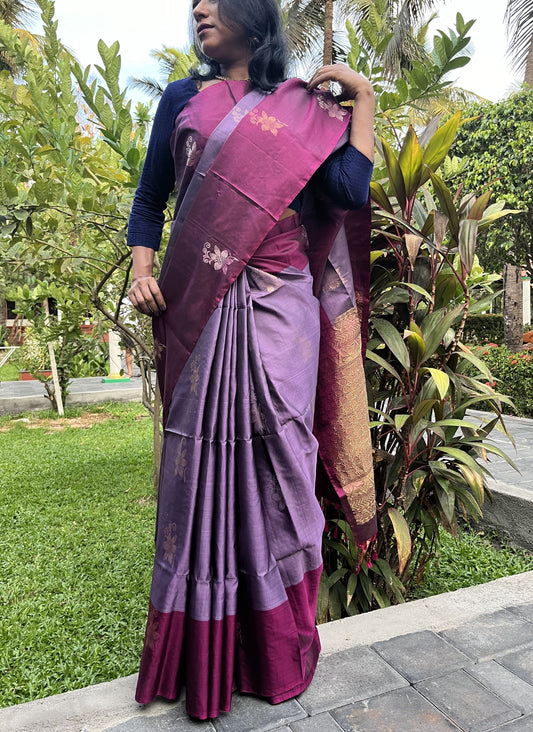 Pure Kanchipuram Soft Silk Saree with Pure Gold & Silver Butta, Contrast Border, Heavy Pallu  & Plain Rani Pink Blouse Piece, Lavendar - Rani Pink, SK1009