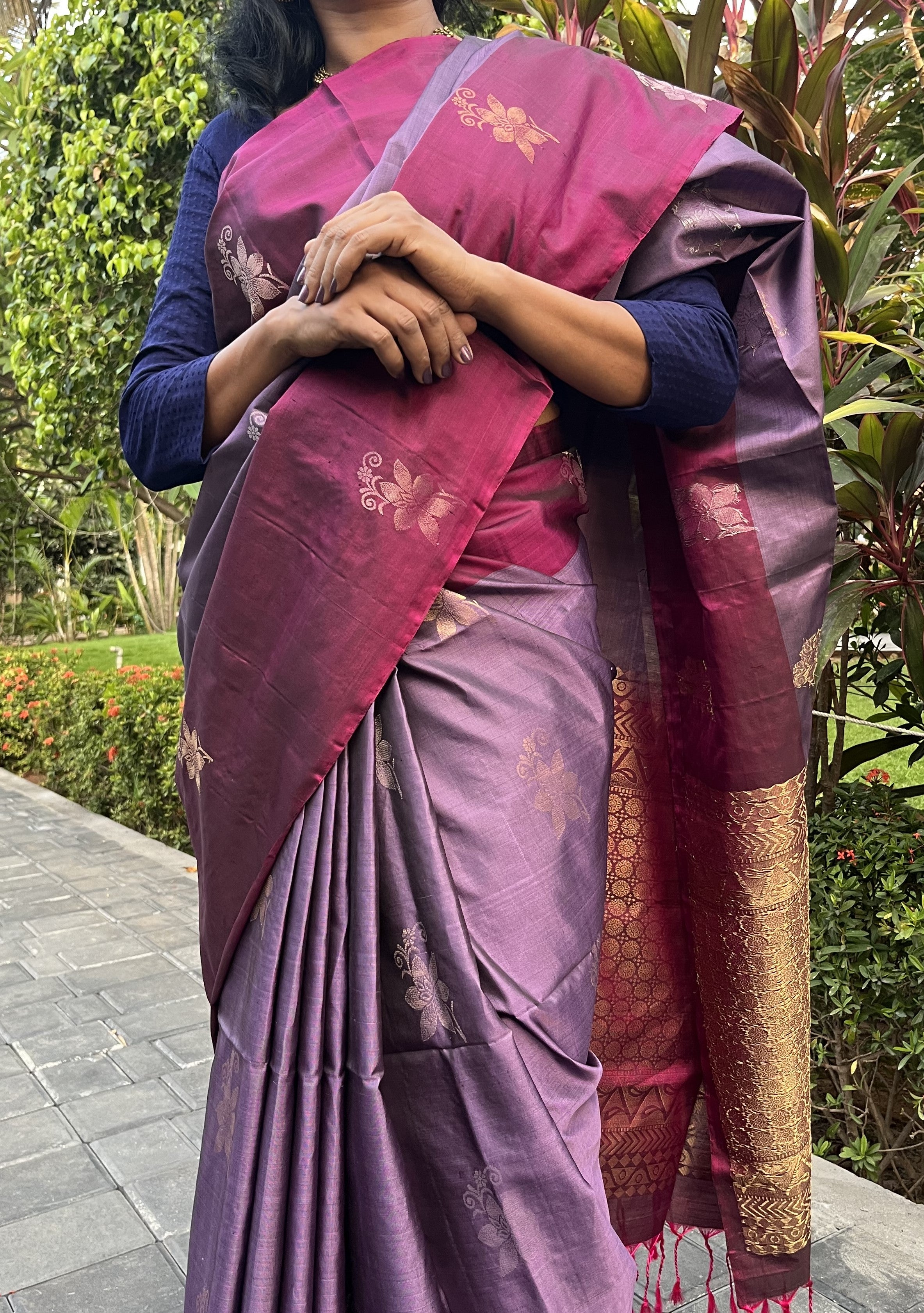 Pure Kanchipuram Soft Silk Saree with Pure Gold & Silver Butta, Contrast Border, Heavy Pallu  & Plain Rani Pink Blouse Piece, Lavendar - Rani Pink, SK1009