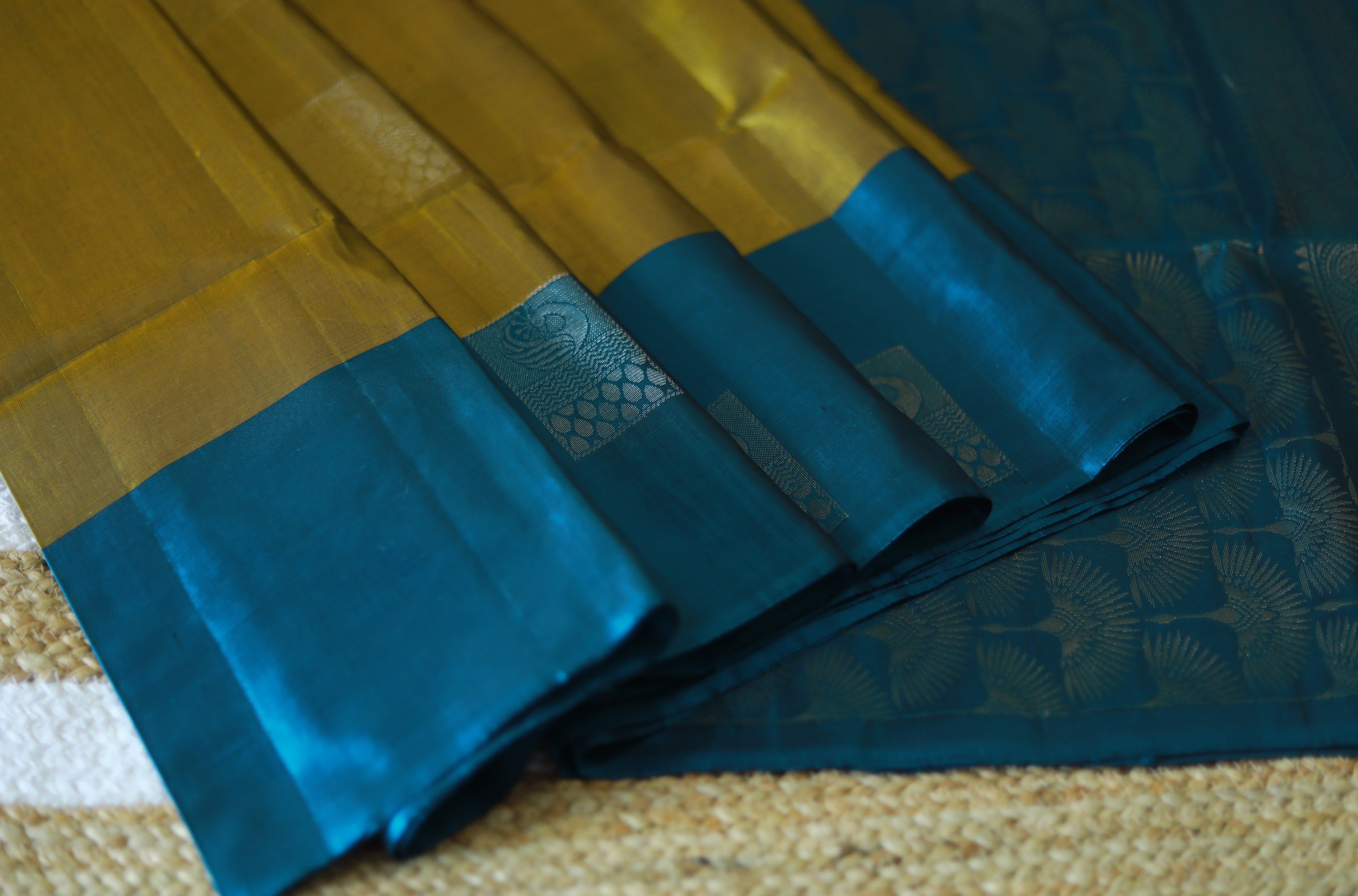 Pure Kanchipuram Soft Silk Saree with Minakari Woven Butta, Contrast Border, Heavy Zari Pallu & Plain Teal blue Blouse Piece, Mustard - Teal blue,   SK1011