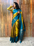 Pure Kanchipuram Soft Silk Saree with Minakari Woven Butta, Contrast Border, Heavy Zari Pallu & Plain Teal blue Blouse Piece, Mustard - Teal blue,   SK1011