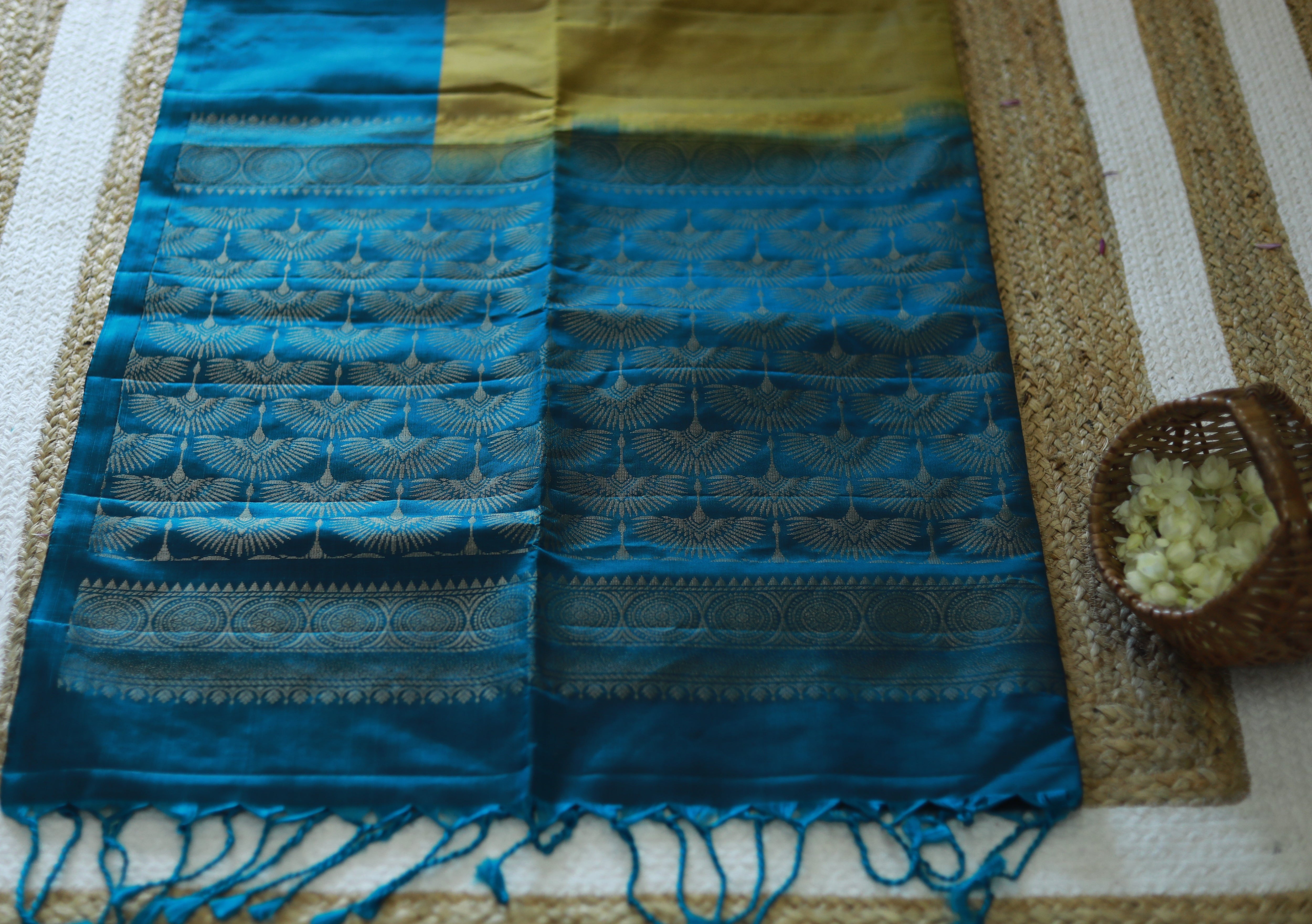 Pure Kanchipuram Soft Silk Saree with Minakari Woven Butta, Contrast Border, Heavy Zari Pallu & Plain Teal blue Blouse Piece, Mustard - Teal blue,   SK1011