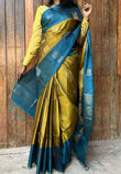Pure Kanchipuram Soft Silk Saree with Minakari Woven Butta, Contrast Border, Heavy Zari Pallu & Plain Teal blue Blouse Piece, Mustard - Teal blue,   SK1011