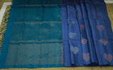 Pure Kanchipuram Soft Silk Borderless Saree with Gold & Copper Butta, Heavy Zari Pallu & Plain Teal Blouse Piece, Iris blue - Teal, SK1015