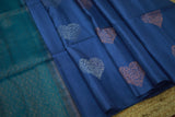 Pure Kanchipuram Soft Silk Borderless Saree with Gold & Copper Butta, Heavy Zari Pallu & Plain Teal Blouse Piece, Iris blue - Teal, SK1015