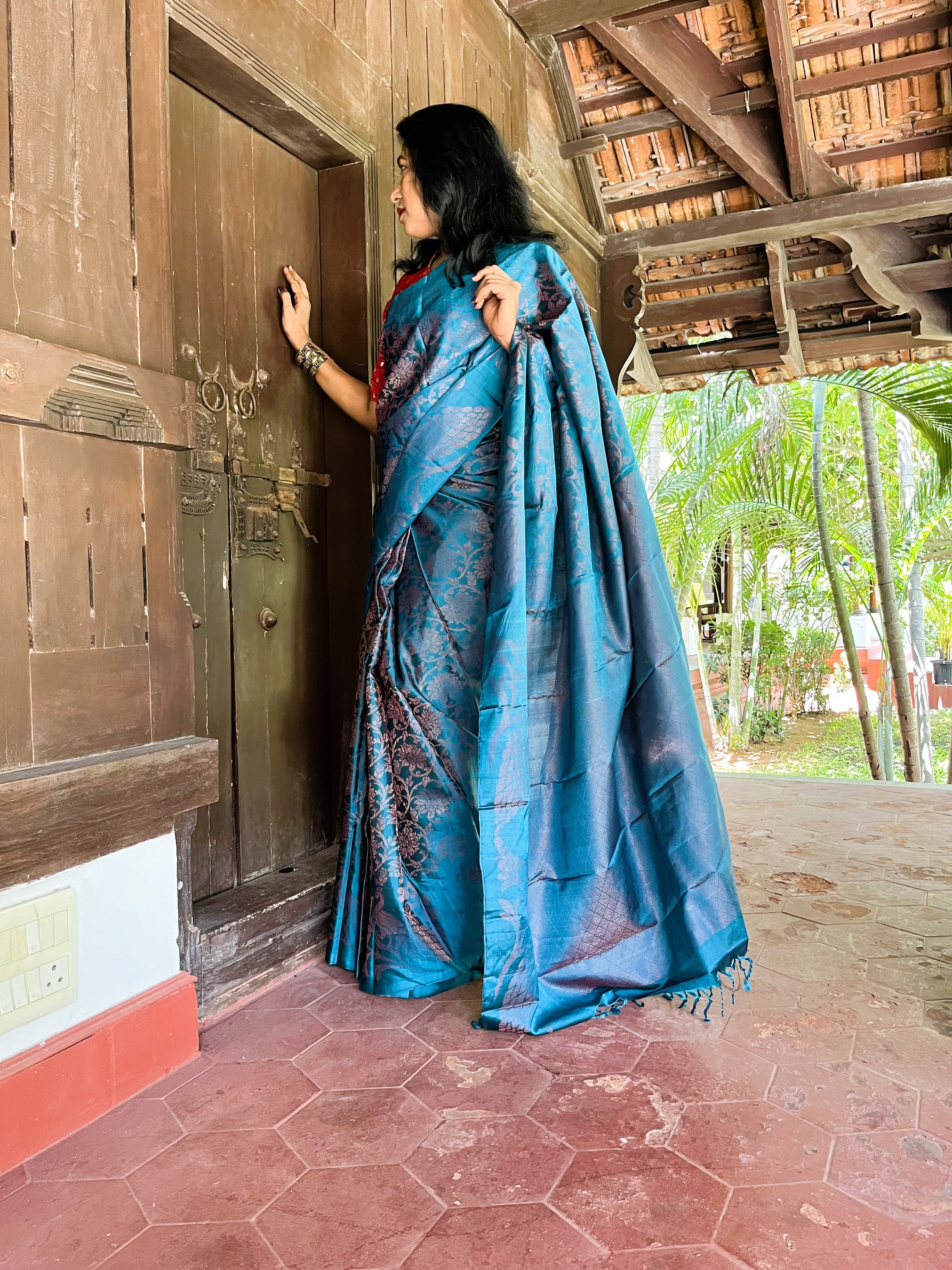 Pure Kanchipuram Soft Silk Saree with All Over Zari Woven Thread Work & Plain Blouse Piece, Teal, SK1016