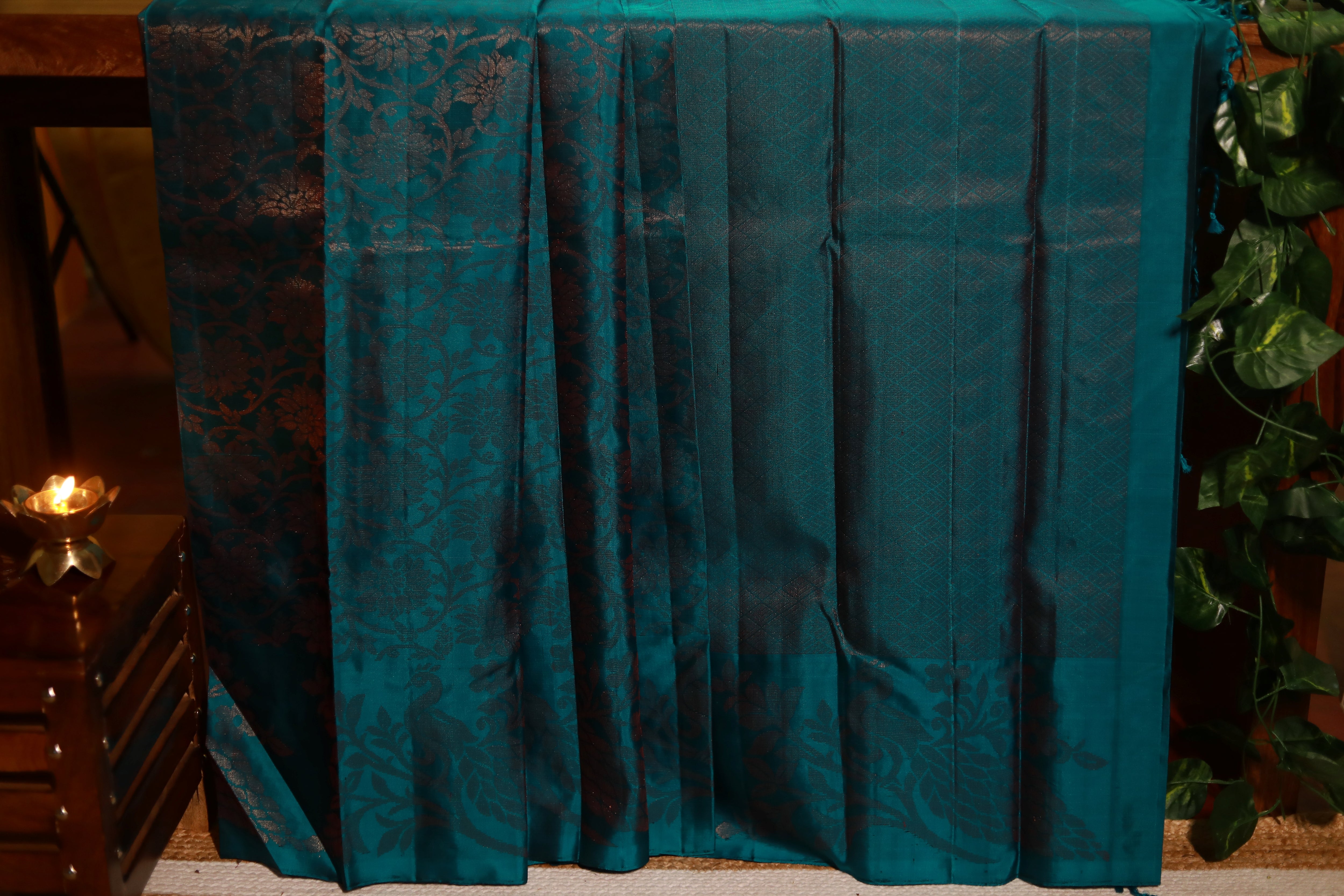 Pure Kanchipuram Soft Silk Saree with All Over Zari Woven Thread Work & Plain Blouse Piece, Teal, SK1016