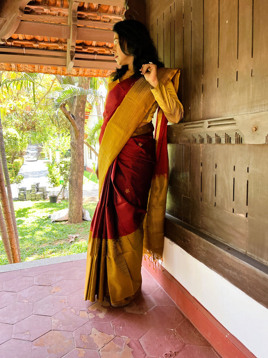 Pure Kanchipuram Soft Silk Saree with Broad Zari Brocade One Side Border, Pure Gold & Silver Zari Butta & Plain Mustard Blouse Piece, Maroon - Mustard, SK1018