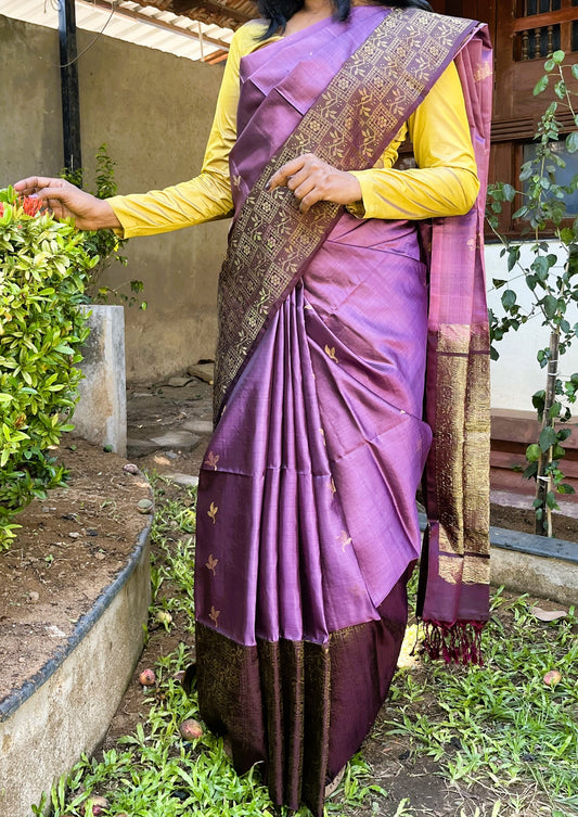 Pure Kanchipuram Soft Silk Saree with Broad Zari Brocade One Side Border, Pure Gold & Silver Zari Butta & Plain Brown Blouse Piece, Lavendar - Brown, SK1019