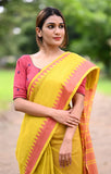 Handloom Pure Cotton Mangalgiri Saree with Woven Thread Border,  Yellow, SR1045