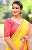 Handloom Pure Cotton Mangalgiri Saree with Woven Thread Border,  Yellow, SR1045