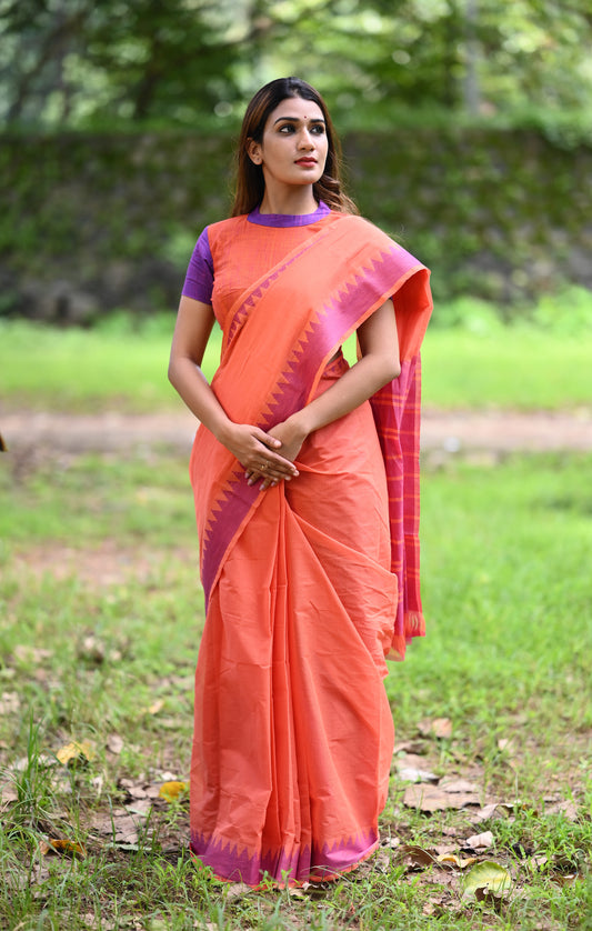 Handloom Pure Cotton Mangalgiri Saree with Woven Thread Border, Orange, SR1046