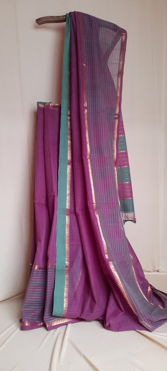 Pure Cotton Mangalagiri Saree with Self Checks & Temple Zari Border,  Purple - Green, SR1048