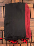 Bengal Handloom Khadi Cotton Saree with Red Border and Tassles ,  Plain Black, SR1049