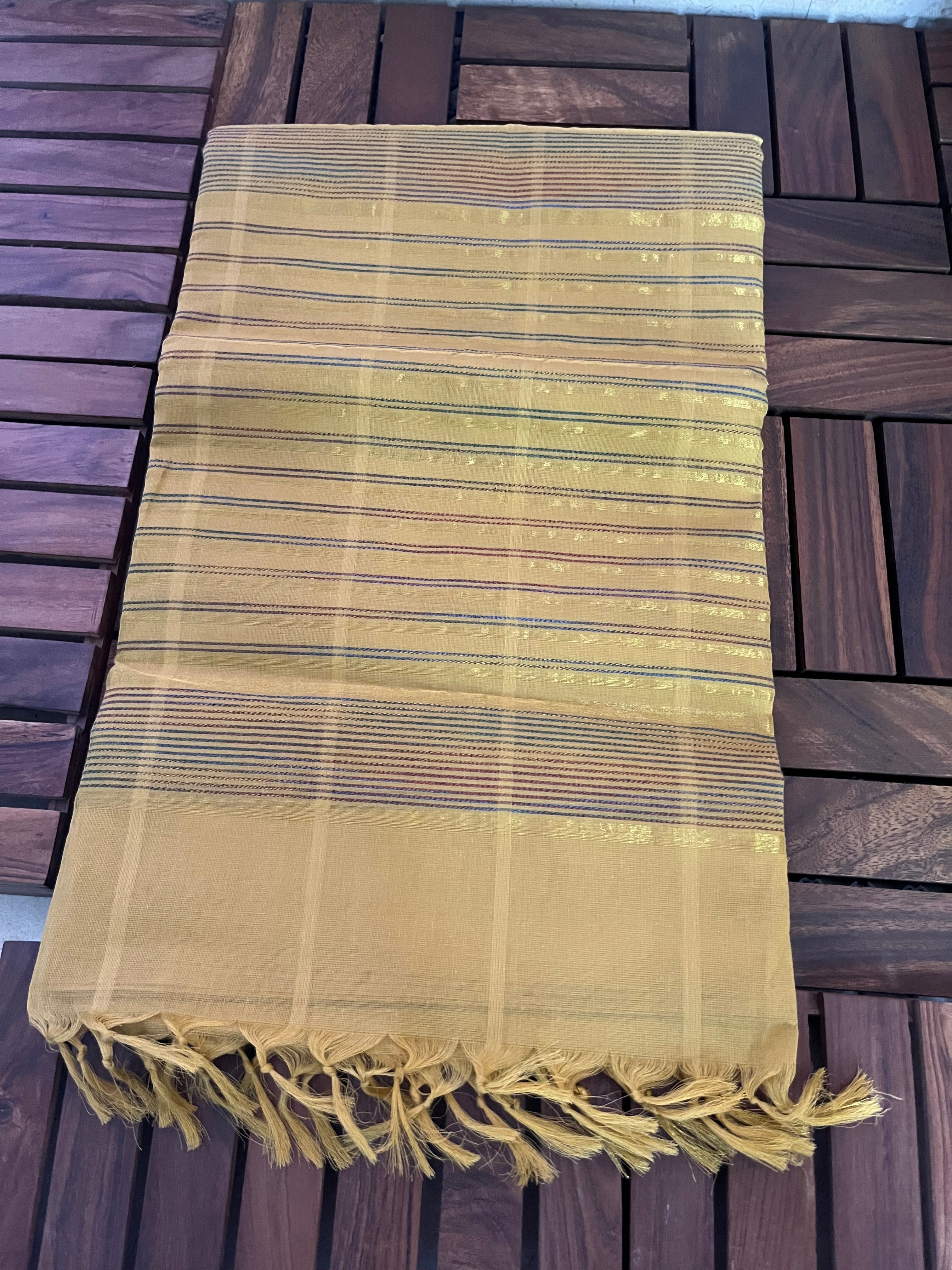 South Cotton Saree with Zari Checkered Border  & Running  Blouse , Golden Beige, SR1051