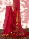 South Cotton Saree with Zari Checkered Border  & Running  Blouse , Red, SR1052