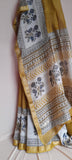 Maheswari Silk Cotton Bagru Printed Saree With Zari Border, Mustard - Beige, SS1028