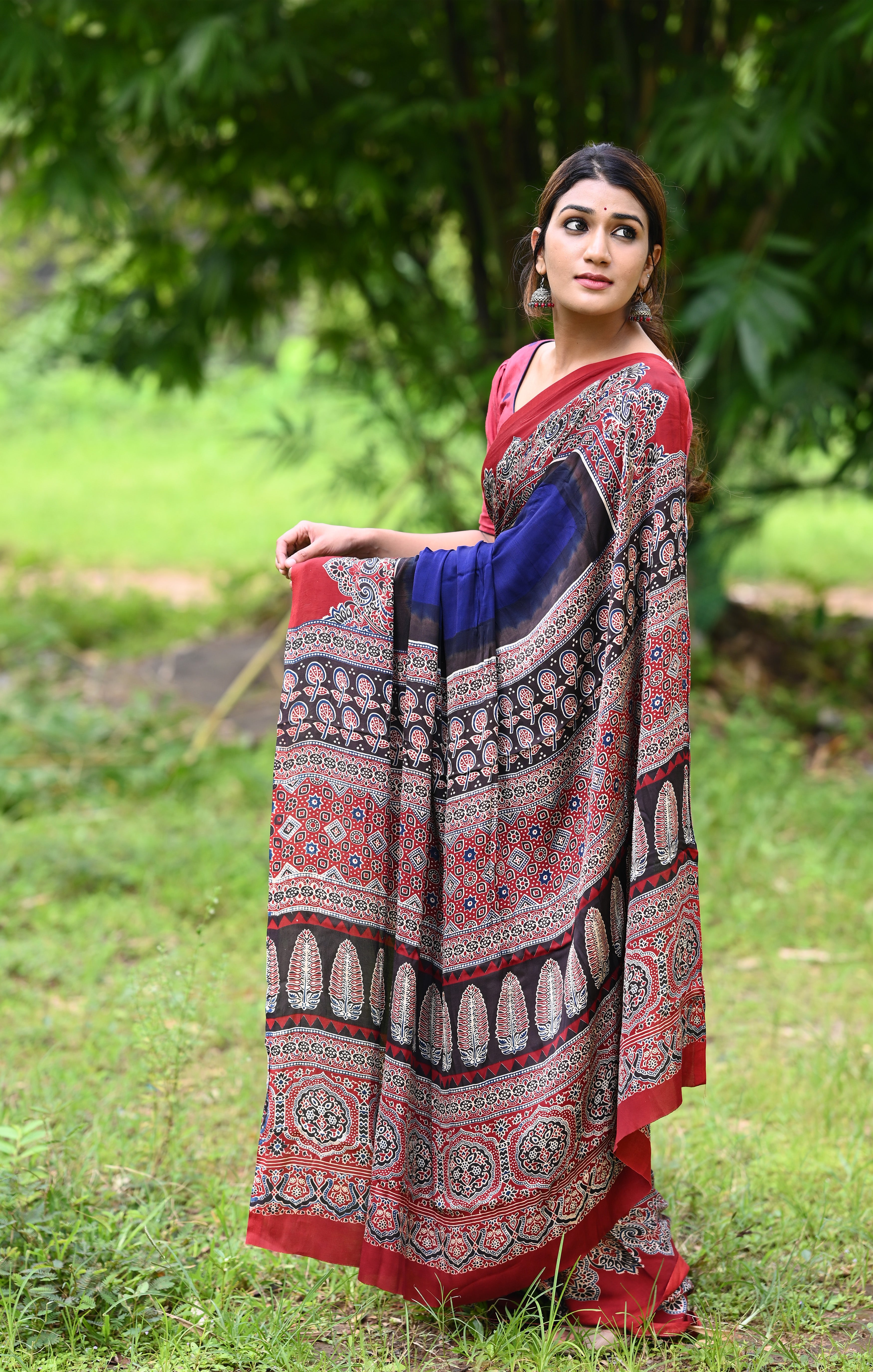 Navy Blue Modal Silk Saree with Plain body, Red Ajrakh border Pallu & Blouse Piece, SS1029