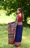 Navy Blue Modal Silk Saree with Plain body, Red Ajrakh border Pallu & Blouse Piece, SS1029