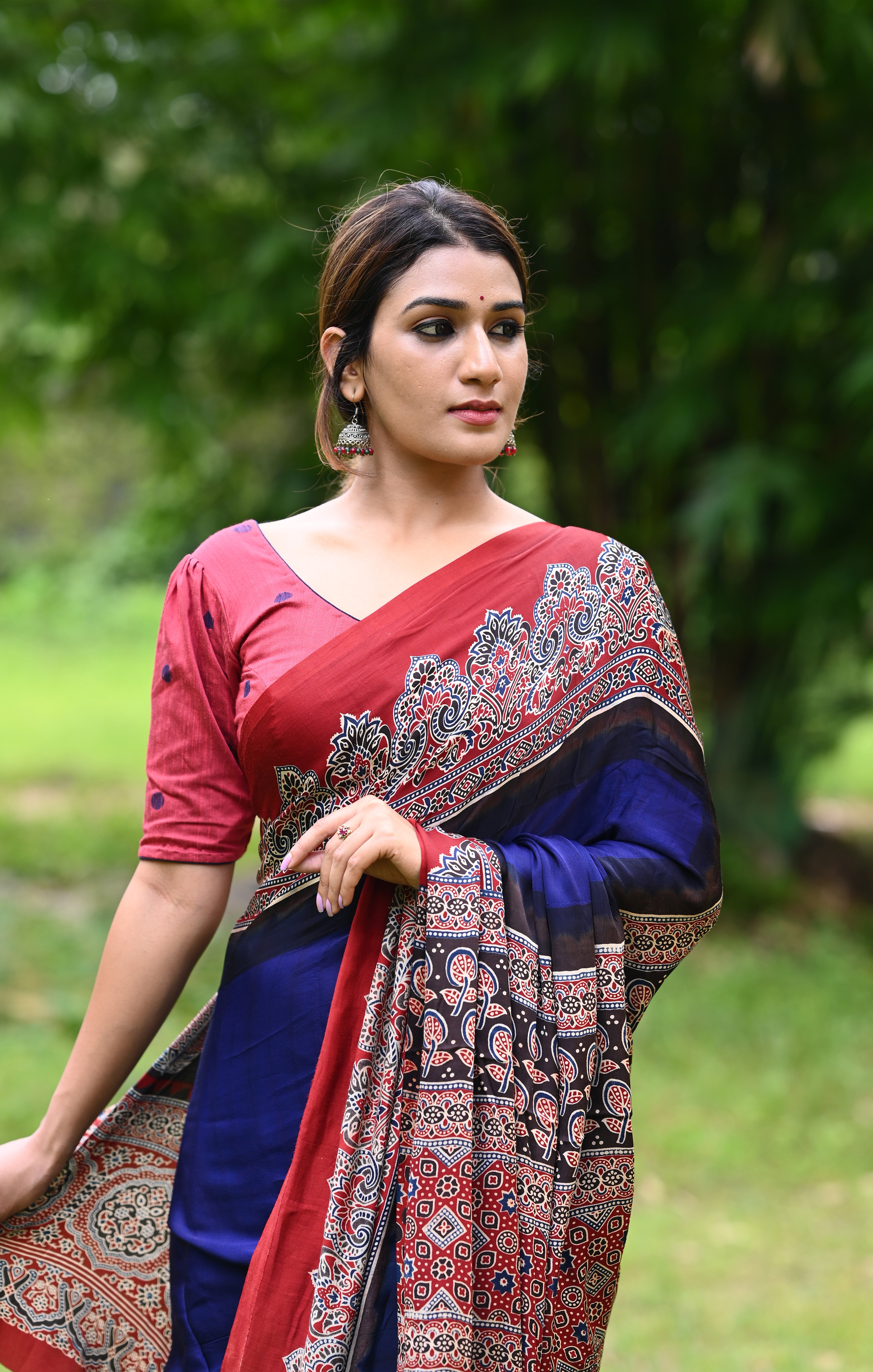 Navy Blue Modal Silk Saree with Plain body Red Ajrakh border