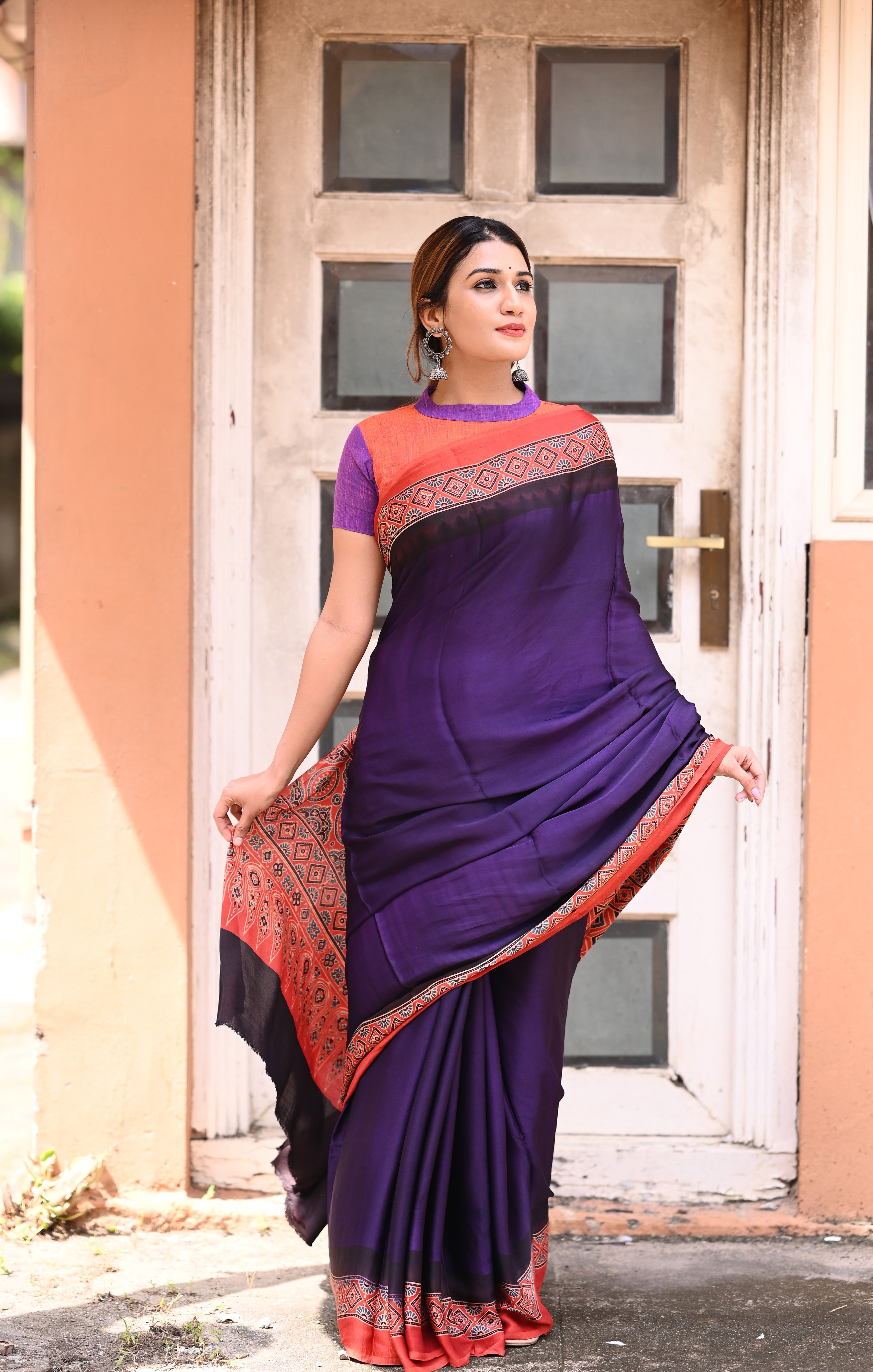 Purple with pink plain uppada silk sarees