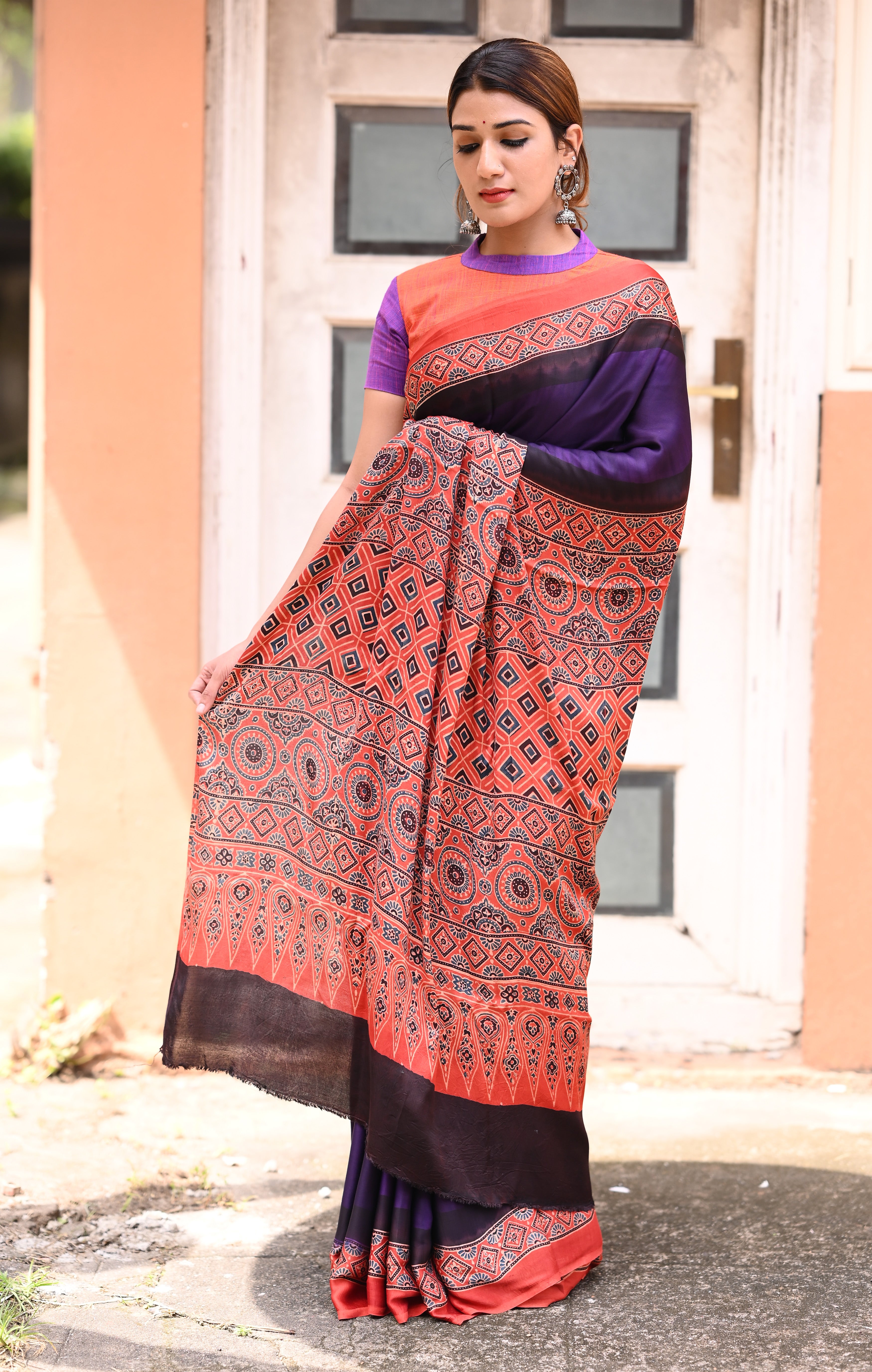 Purple Modal Silk Saree with Plain body, Rust Ajrakh border Pallu & Blouse Piece, SS1030