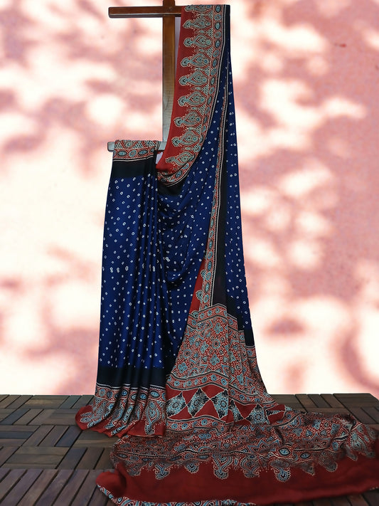 Ajrakh Bandhani Modal Silk Saree with Ajrakh Blouse Piece ,Midnight Blue - Ruby Red SS1031