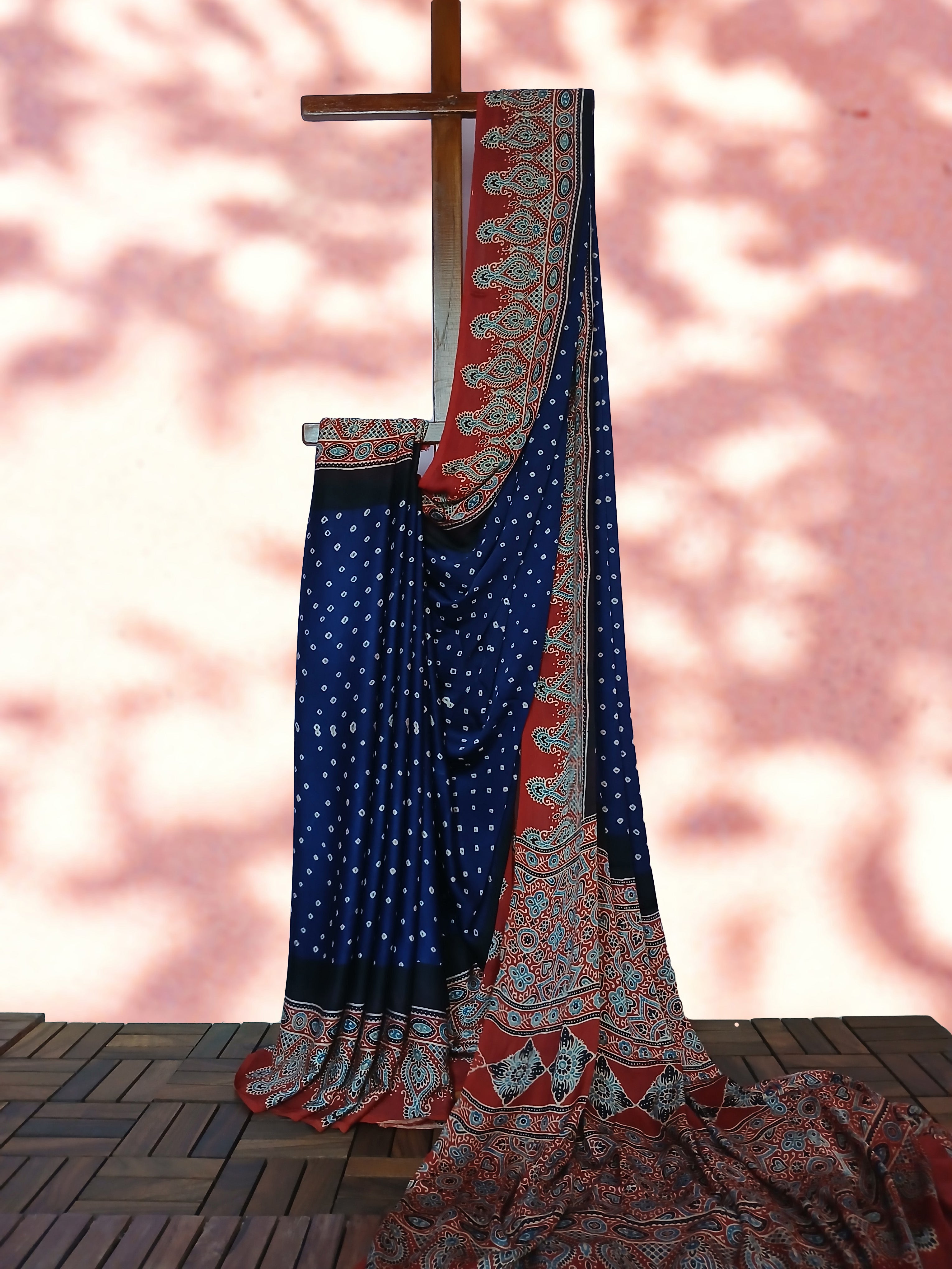Ajrakh Bandhani Modal Silk Saree with Ajrakh Blouse Piece ,Midnight Blue - Ruby Red SS1031