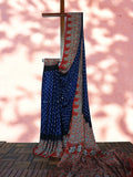 Ajrakh Bandhani Modal Silk Saree with Ajrakh Blouse Piece ,Midnight Blue - Ruby Red SS1031