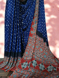 Ajrakh Bandhani Modal Silk Saree with Ajrakh Blouse Piece ,Midnight Blue - Ruby Red SS1031