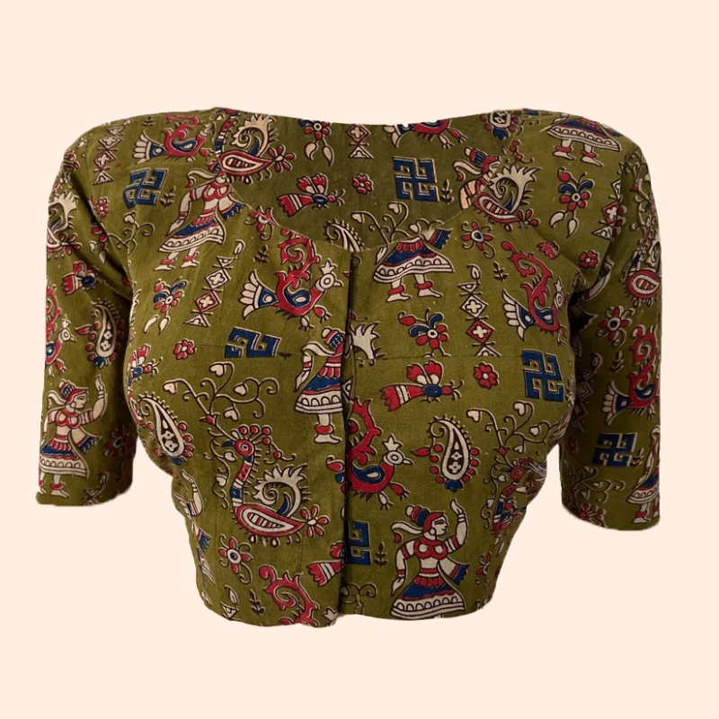 Kalamkari  Cotton  Round neck Blouse,  Olive Green,  BK1260