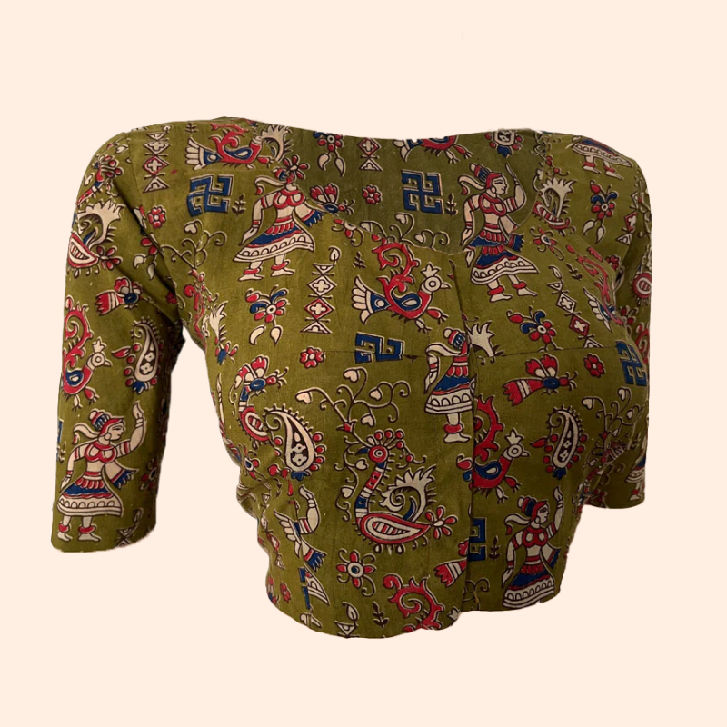 Kalamkari  Cotton  Round neck Blouse,  Olive Green,  BK1260