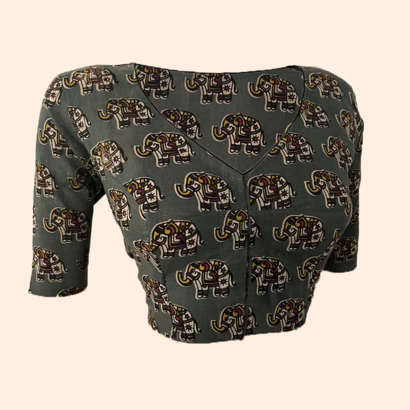 Kalamkari  Cotton  V neck Blouse,  Grey,  BK1254