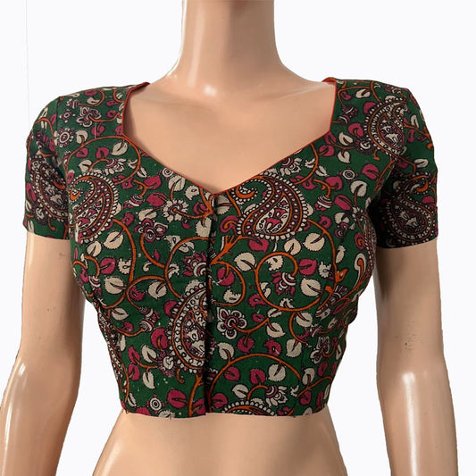 Kalamkari Cotton Sweetheart neck Blouse with Short Sleeves, Green,  BK1279