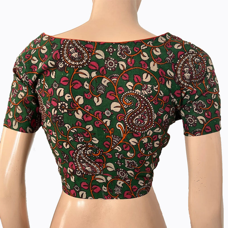 Kalamkari Cotton Sweetheart neck Blouse with Short Sleeves, Green,  BK1279