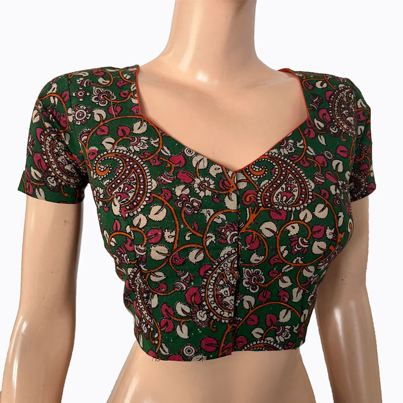 Kalamkari Cotton Sweetheart neck Blouse with Short Sleeves, Green,  BK1279